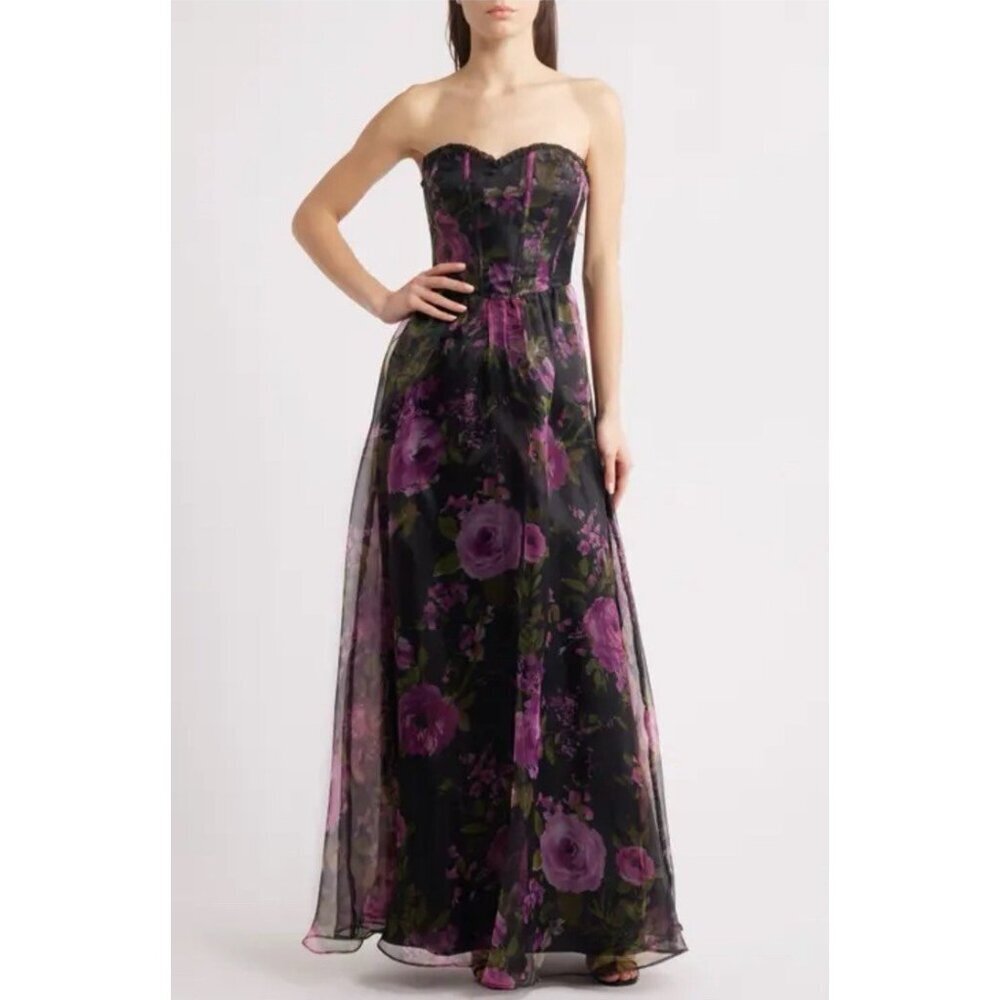 Lulus Strapless Floral Maxi Dress Corset Bodice Black Purple Wedding Guest - Picture 2 of 10